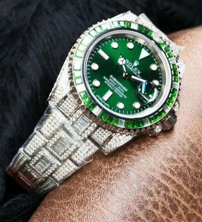 Rolex Submariner 904L Steel Iced Out 40mm Green Face/Bezel 3135 Movement Watch